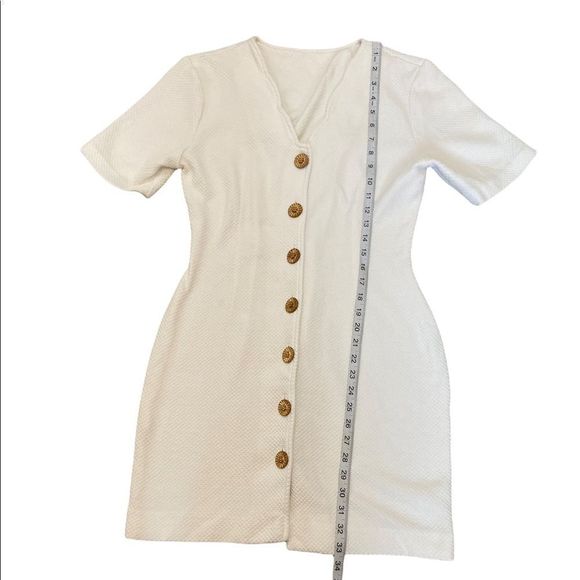 White Waffle Short Sleeve Gold Button V Neck Mini Dress - Picture 4 of 7